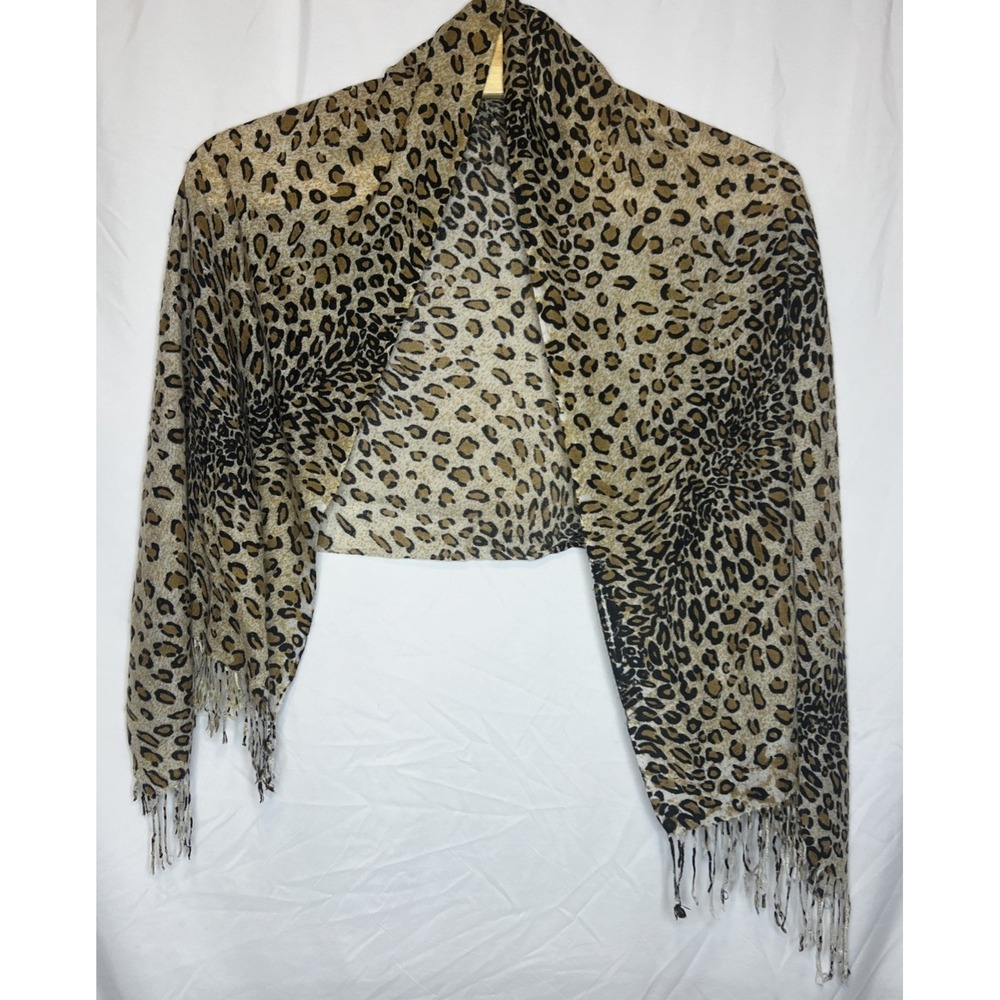 Leopard Cheetah Soft Neck Scarf/Shawl Black‎ Brown Tan with Fringe 66 X 28